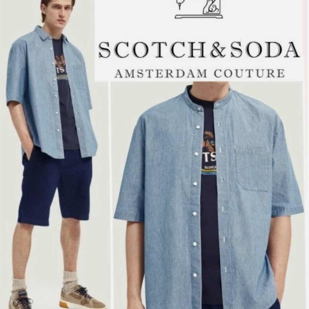 Scotch & Soda Amsterdam Button Up Shirt Mens XL Convertible Band Collar Blue
